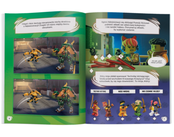 Otwarta książka LEGO Ninjago. Zielone strony ukazują minifigurki Arina, ninja i akcesoria, z komiksami i zagadkami.