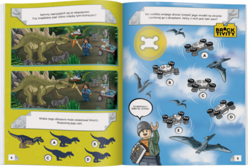 Otwarta, kolorowa książka LEGO Jurassic World z zagadkami i komiksami. Widać Bena, Stegosaurusa i Pterodaktyle.