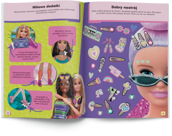 Rozłożona książka Barbie z zadaniami: lalki, boombox, neonowe getry i brokatowe naklejki z modowymi akcesoriami.