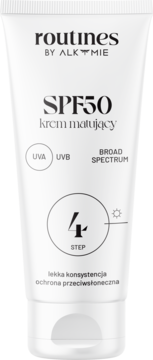 Biała tubka routines BY ALKMIE, matujący krem do twarzy SPF50 z filtrami UVA/UVB, widok z przodu.