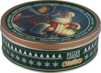 Tradycyjna puszka ciastek 340g, okrągła, zielona z Mikołajem na złotej pokrywce i napisem 'BUTTER COOKIES', widok z góry.