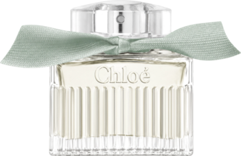 Chloé Eau de Parfum Naturelle, kwadratowa butelka z wegańską wodą perfumowaną, zielona wstążka, srebrna zakrętka. Front.