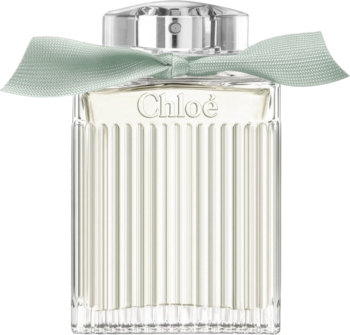 Chloé Rose Naturelle woda perfumowana damska w ryflowanej butelce z zieloną wstążką i srebrnym korkiem, widok frontalny.