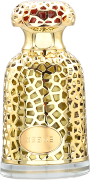 Lattafa Emeer unisex perfumed water in a gold bottle with intricate honeycomb texture and ornate cap. Front view.