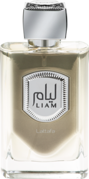Woda perfumowana Liam Lattafa w przezroczystej butelce, ze srebrną nakrętką i etykietą, widok z przodu.