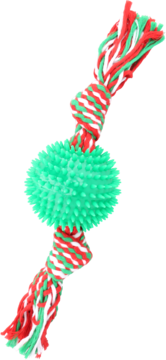 Zabawka dla psa: sznurkowa plecionka w czerwono-biało-zielone paski, z zieloną, kolczastą kulką pośrodku, widok z przodu.