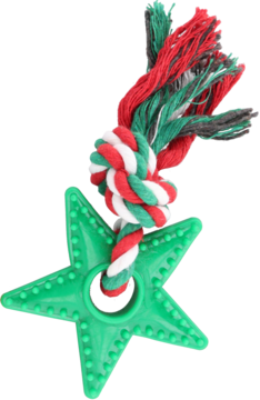 Zielony gryzak w kształcie gwiazdy z wypustkami i plecioną liną dla psa, czerwono-biało-zielony, widok z góry.