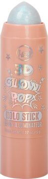 J.Cat Beauty 3D Glow Pop Holo Stick, brzoskwiniowy rozświetlacz w sztyfcie z niebieskim wkładem.