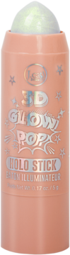 J.Cat Beauty 3D Glow Pop Holo Stick, holograficzny rozświetlacz w brzoskwiniowym sztyfcie z zielono-perłowym wierzchołkiem.