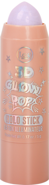 Brzoskwiniowy rozświetlacz J.Cat Beauty 3D Glow Pop Holo Stick z fioletową końcówką, widok z przodu.