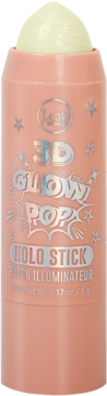 J.Cat Beauty 3D Glow Pop Holo Stick, brzoskwiniowy rozświetlacz w sztyfcie, część wysunięta, widok z przodu.