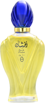 Rasasi Afshan Eau de Parfum unisex, elegancka butelka z żółtym płynem, niebieskim korkiem i arabskim napisem.