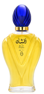 Rasasi Afshan Eau de Parfum, złota ciecz w eleganckiej butelce, żłobiony niebieski korek i złota obwódka, widok z przodu.