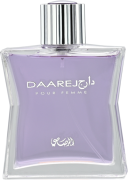 Rasasi Daarej Pour Femme, fioletowa woda perfumowana w szklanej butelce z srebrną nakrętką, widok z przodu.