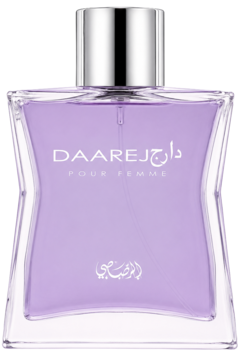 Rasasi Daarej Pour Femme, damska woda perfumowana, fioletowa butelka z geometrycznym kształtem, widok z przodu.