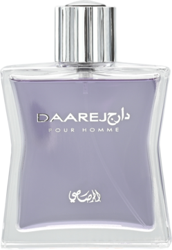 Rasasi Daarej Pour Homme, męska woda perfumowana w purpurowej, szklanej butelce ze srebrnym korkiem, widok z przodu.