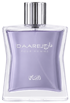 Fioletowa butelka Rasasi Daarej Pour Homme, męskiej wody perfumowanej, ze srebrną nakrętką, widok z przodu.