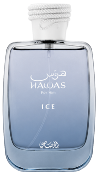 Rasasi Hawas Ice EDP męska, butelka z gradientowego błękitnego szkła, biały korek o teksturze liny, widok z przodu.