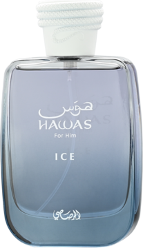 Rasasi Hawas Ice męska woda perfumowana, błękitna butelka z białym korkiem, napis ICE, widok z przodu.