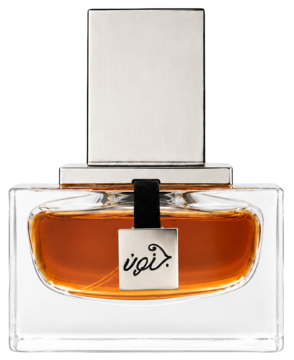 Męska woda perfumowana Rasasi Junoon Velvet. Szklana butelka z bursztynowym płynem, srebrny korek i napis arabski.
