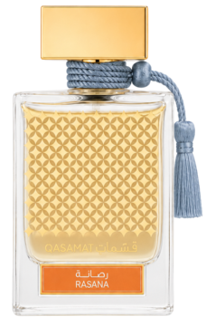 Perfumy Rasasi Qasamat Rasana, flakon unisex z orientalnym zapachem, złoty wzór, pomarańczowa etykieta i błękitny chwost.