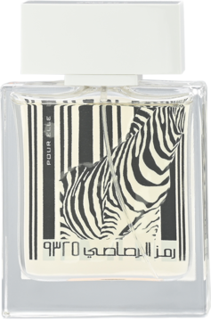 Perfumy damskie Rasasi Rumz Al Rasasi Zebra Pour Elle, prostokątna butelka z etykietą w zebrę, widok z przodu.