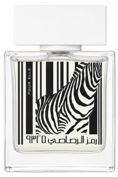 Damska woda perfumowana Rasasi Rumz Al Rasasi Zebra Pour Elle. Butelka z etykietą w czarno-białe paski zebry.