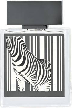 Rasasi Rumz Al Rasasi Zebra Pour Lui EDP, szklana butelka z etykietą z zebrą i kodem kreskowym, widok z przodu.