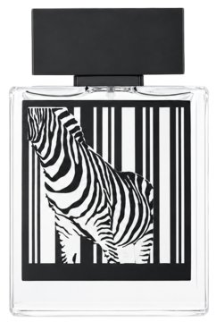 Rasasi Rumz Al Rasasi Zebra Pour Lui, flakon EDP z czarno-białą zebrą na tle pasków kodu kreskowego.