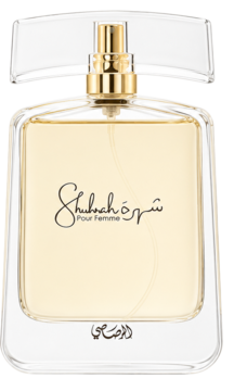 Elegancka woda perfumowana Rasasi Shuhrah Pour Femme. Prostokątna, szklana butelka z żółtym płynem i złotym atomizerem.