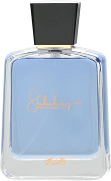 Rasasi Shuhrah Pour Homme EDP, niebieska, prostokątna butelka z czarną nakrętką i złotym napisem, widok z przodu.