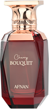 Afnan Cherry Bouquet EDP. Ciemnoczerwona, fasetowana butelka z miedzianym korkiem, słodki owocowy zapach, widok z przodu.