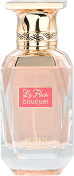 Elegancka woda perfumowana Afnan La Fleur Bouquet, butelka z różowym płynem, złoty korek z detalami.