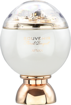 Afnan Souvenir Floral Bouquet EDP, biała okrągła butelka z ozdobnym złotym korkiem i podstawą, widok z przodu.