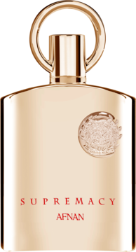 Złoty flakon Afnan Supremacy Gold, woda perfumowana unisex, z czerwonym napisem i zdobionym logo, widok z przodu.