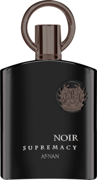 Afnan Noir Supremacy, czarny flakon perfum unisex z metalowym uchwytem na kapslu i srebrnym emblematem, widok przodem.