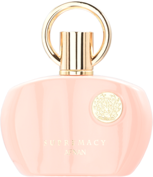 Afnan Supremacy Pink, damska woda perfumowana, różowy flakon z pionowymi przetłoczeniami, złotą zakrętką w kształcie koła, widok z przodu.