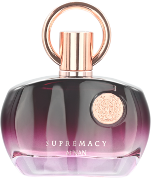Afnan Supremacy Purple woda perfumowana. Butelka z gradientem fioletu i różu, z rose gold pętlą i medalionem, widok z przodu.
