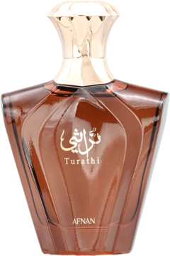 Męska woda perfumowana Afnan Turathi Brown, brązowa butelka w unikalnym kształcie ze złotą zakrętką, widok z przodu.