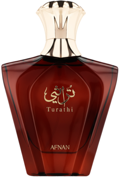 Afnan Turathi Brown męska woda perfumowana. Ciemna, fasetowana butelka ze złotą nakrętką, napisy Turathi.