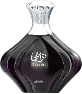 Afnan Turathi Purple Femme woda perfumowana, ciemnofioletowa falista butelka ze srebrną zakrętką, widok z przodu.
