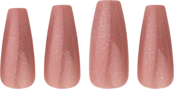 Cztery różowe sztuczne paznokcie KillyS Coffin z brokatem, widok z przodu, delikatny połysk.