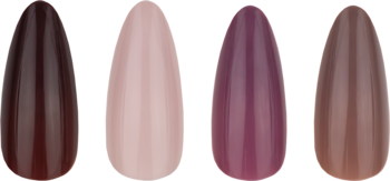 KillyS sztuczne paznokcie sztylety, 4 odcienie różu i fioletu, widoczne prążkowanie, ułożone obok siebie.