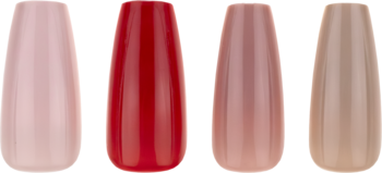 Sztuczne paznokcie KillyS, kształt coffin, w 4 odcieniach: jasny róż, czerwień, brudny róż i beż, widok z przodu.