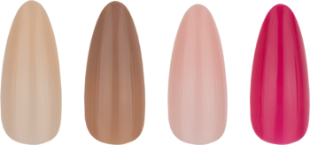 KillyS sztuczne paznokcie sztylety: 4 błyszczące odcienie beżu, jasnego i ciemnego różu. Widok palety kolorów.