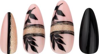 KillyS Elegant Design sztuczne paznokcie migdałowe. Różowy, czarny, złoty brokat z roślinnym wzorem i jednolity czarny.