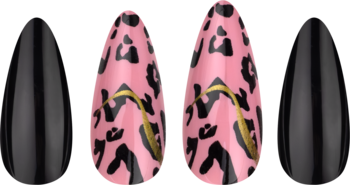 KillyS Pink Panther sztuczne paznokcie: czarne i różowe w panterkę ze złotym akcentem, widok z góry.