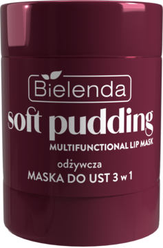 Ciemnoczerwona maseczka do ust Bielenda Soft Pudding, odżywcza formuła. Widok z przodu opakowania.