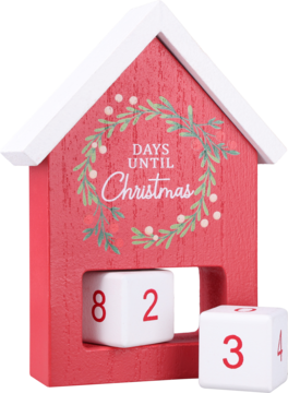 Czerwony, drewniany kalendarz adwentowy w kształcie domku z napisem 'DAYS UNTIL Christmas' i białymi kostkami z cyframi.