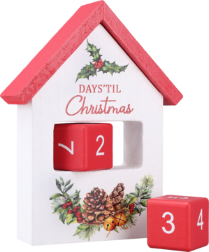 Drewniany kalendarz odliczający dni do Świąt, czerwono-biały domek z grafiką ostrokrzewu i ruchomymi kostkami.